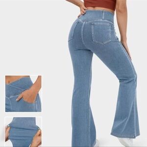 Halara High Waisted Crossover Pocket Washed Stretchy Knit Casual Flare Jeans